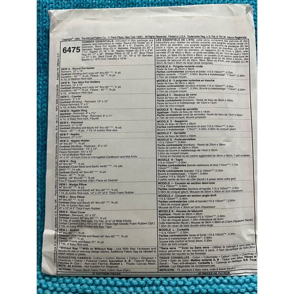 McCalls pattern 6475 watermelon mat placemat napkins patholder - Picture 2 of 6